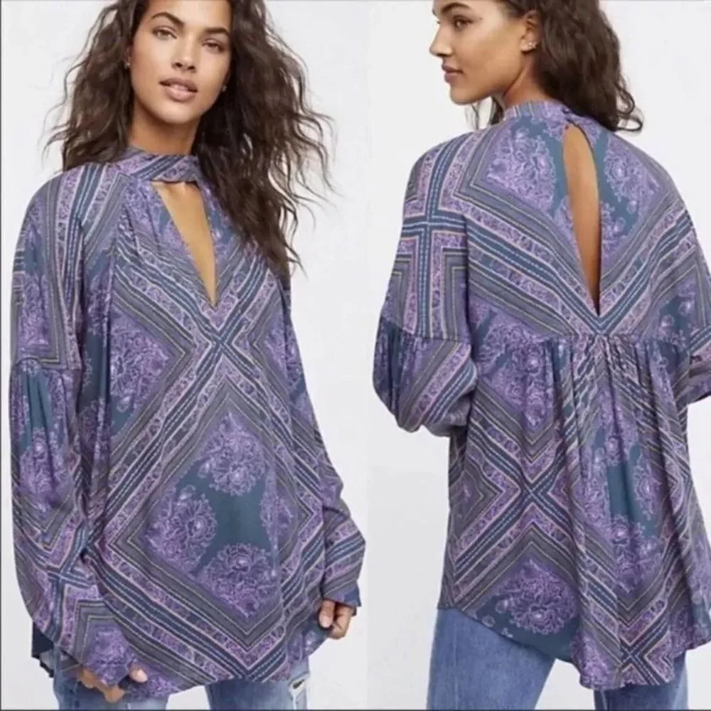 FREE PEOPLE Walking On a Dream Tunic Purple Geometric Size XS Psychedelic 60s